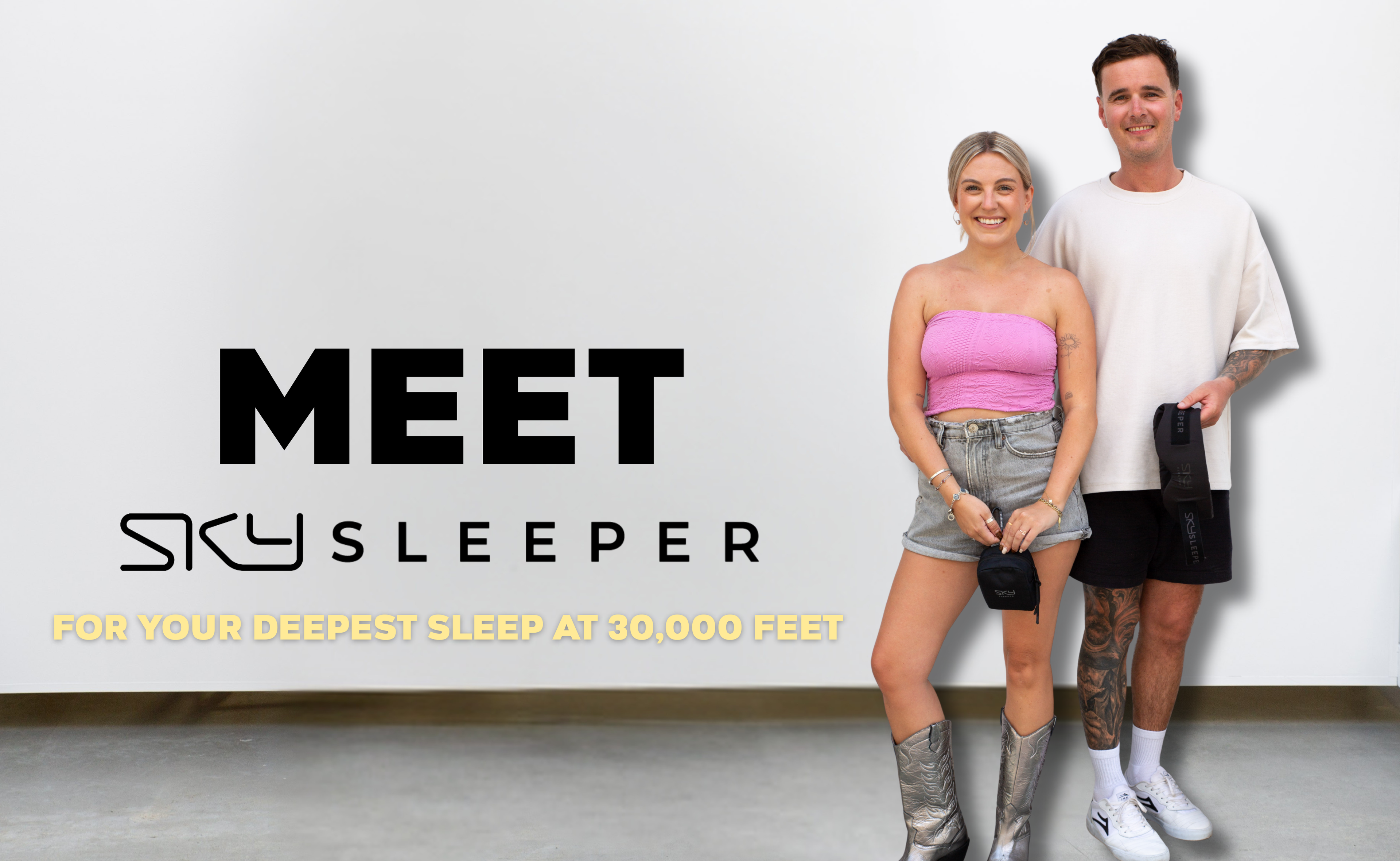 SkySleeper™ founders Laura and Royce travel sleep mask lifestyle image representing better sleep on the go
