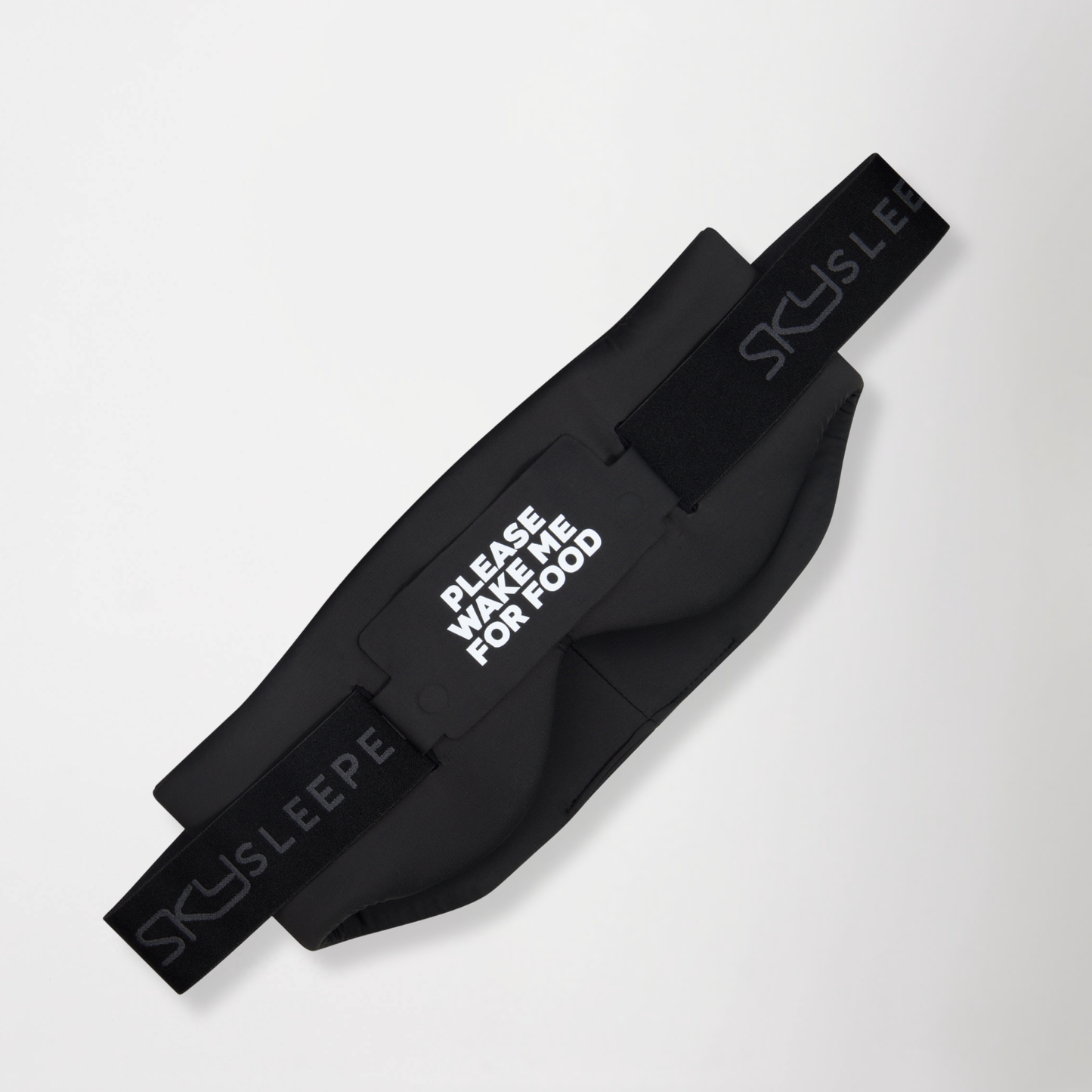 SkySleeper™ travel sleep mask close-up of optional please wake me for food messaging 